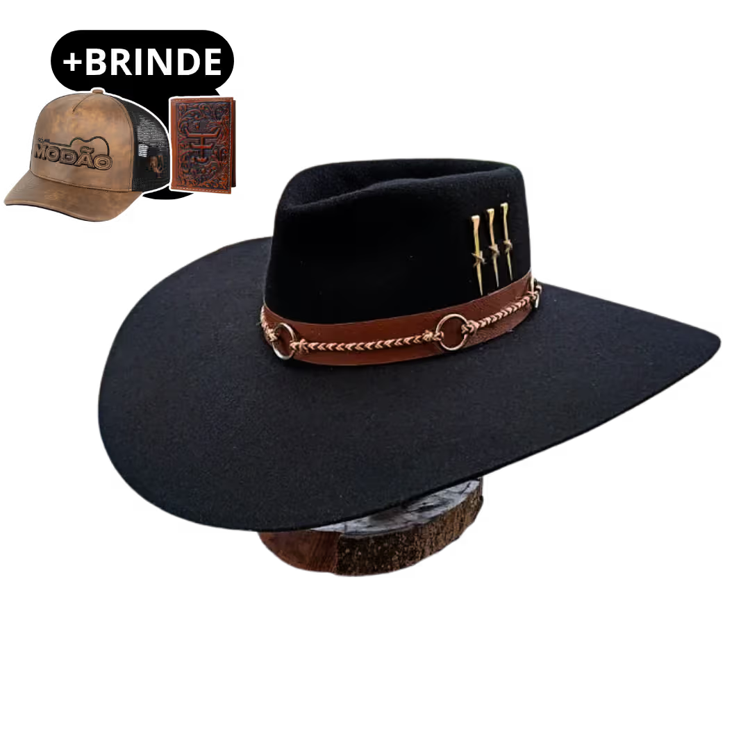 Chapéu 3 Cravos Casca de Bala Preto + Boné e Carteira GRÁTIS
